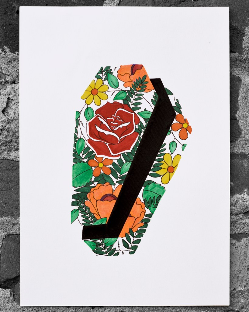 illustration of a coffin with floral designs across it