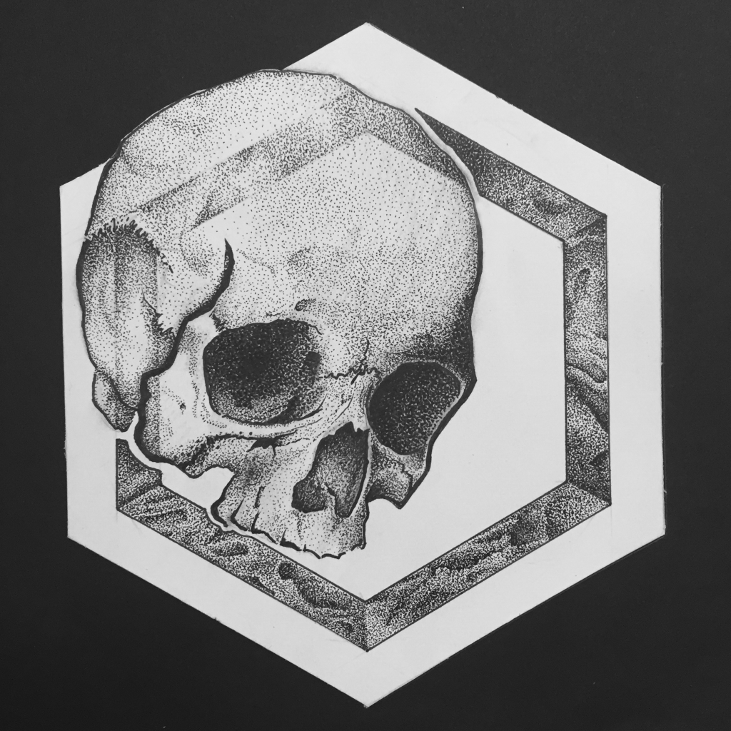 Stippled illustration of a skull and a hexagon