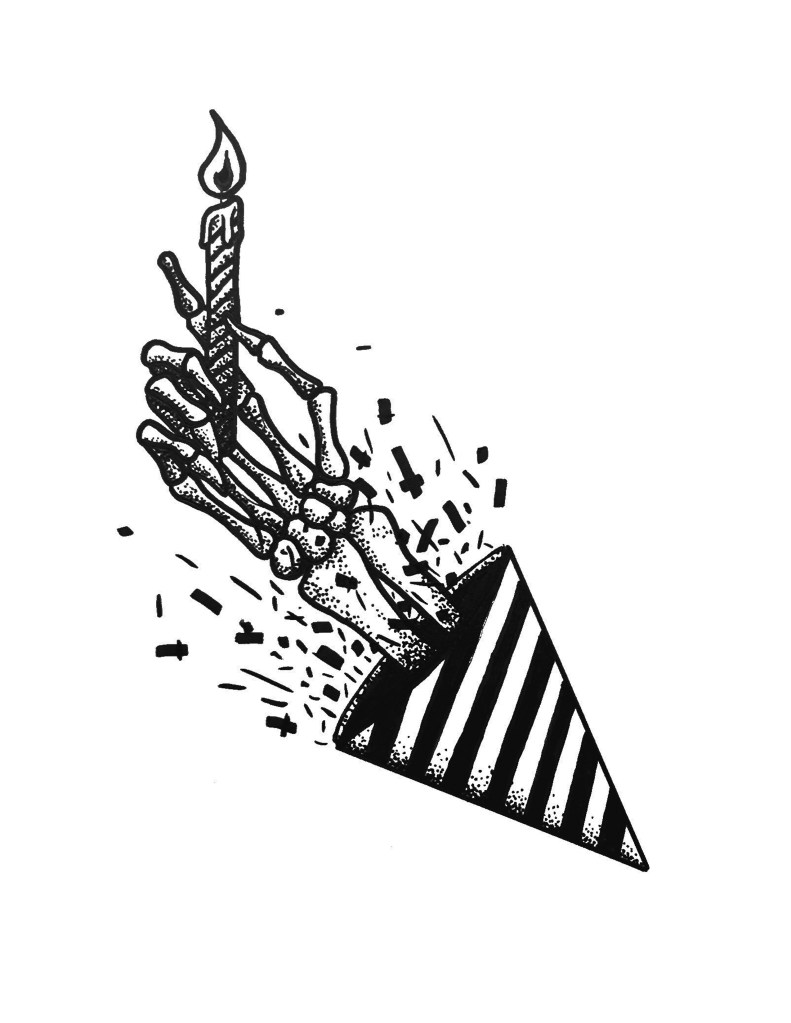 an illustration depicting a skeletal hand bursting from a party hat, holding a birthday candle